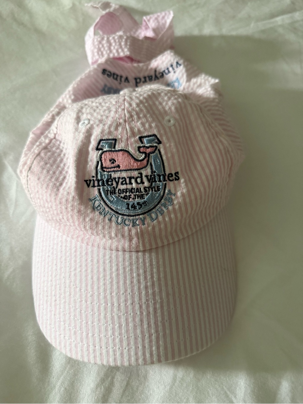 Vineyard Vines Pink Seersucker Baseball Cap with Embroidered Whale and Bow tie